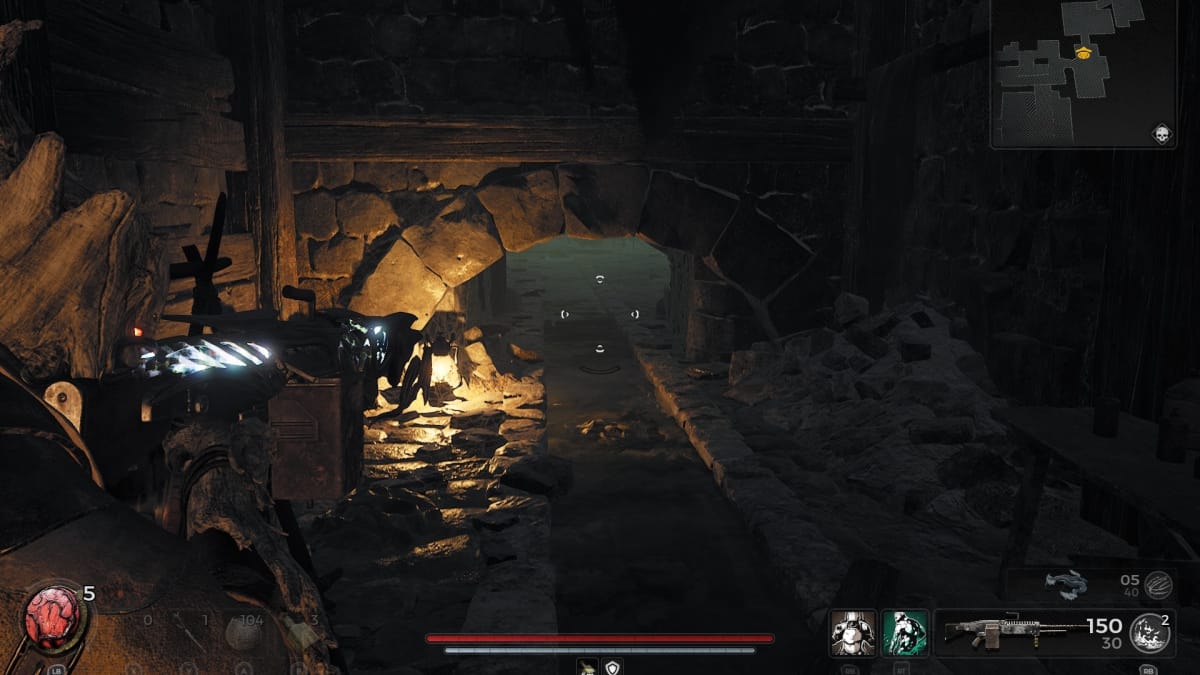 Remnant 2 Screenshot showing a character pointing their gun at a strange opening in the floor