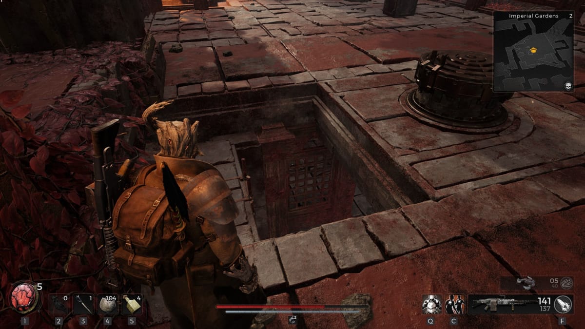 Remnant 2 screenshot showing an open stone trapdoor at the top of a temple made of redish stone