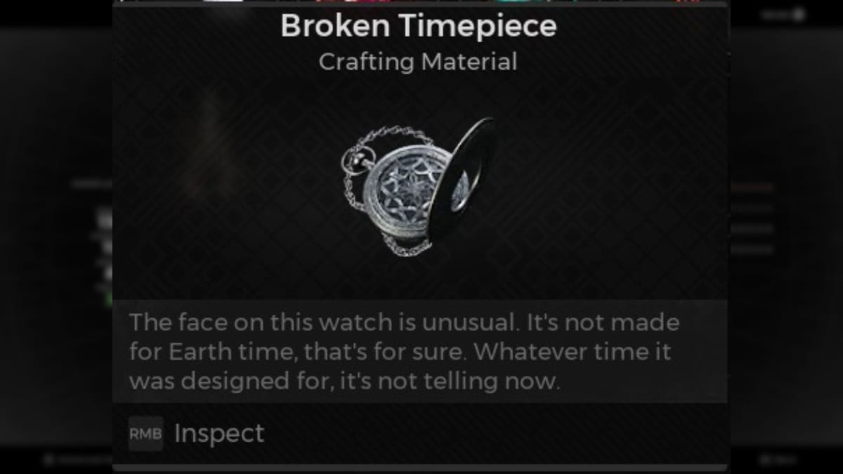 Remnant 2 screenshot with a hyper close up of an item called the broken timepiece and its infobox