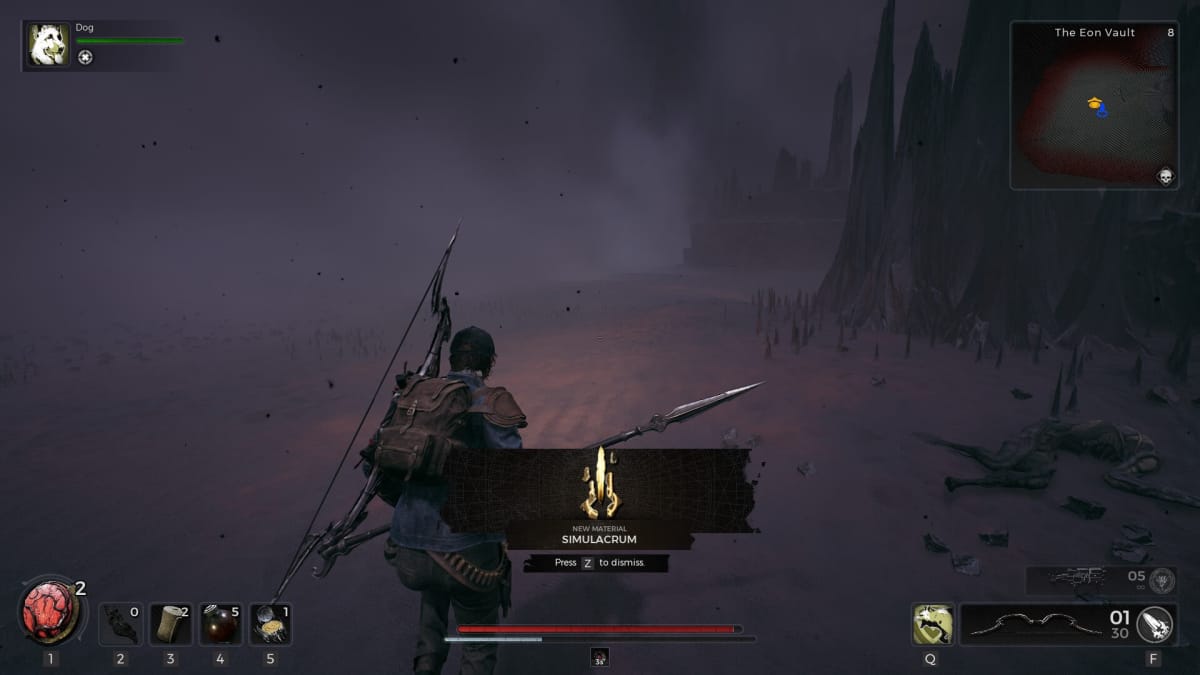 Character holding a spear near a withered corpse in an alien desert.