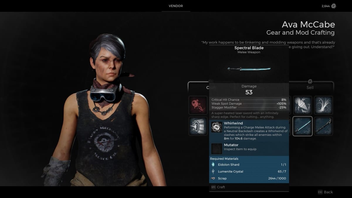 Image of Ava In Remnant 2 Crafting the Spectral Blade from Nerud