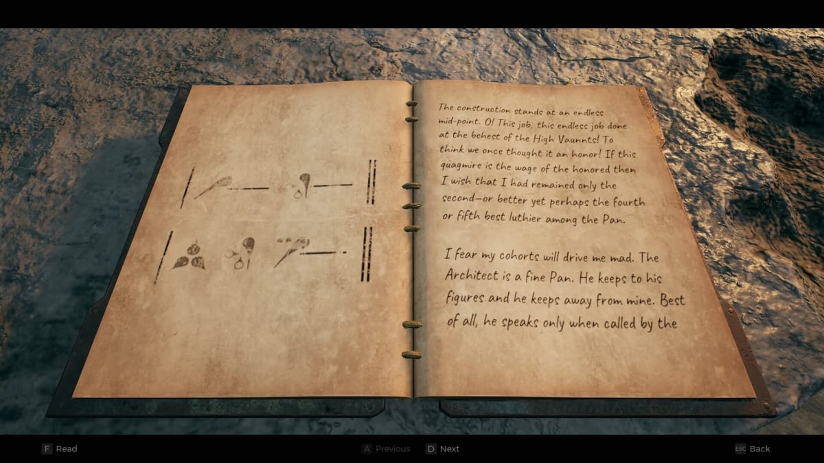 Image of the book in Remnant 2 that gives the Water Harp solution