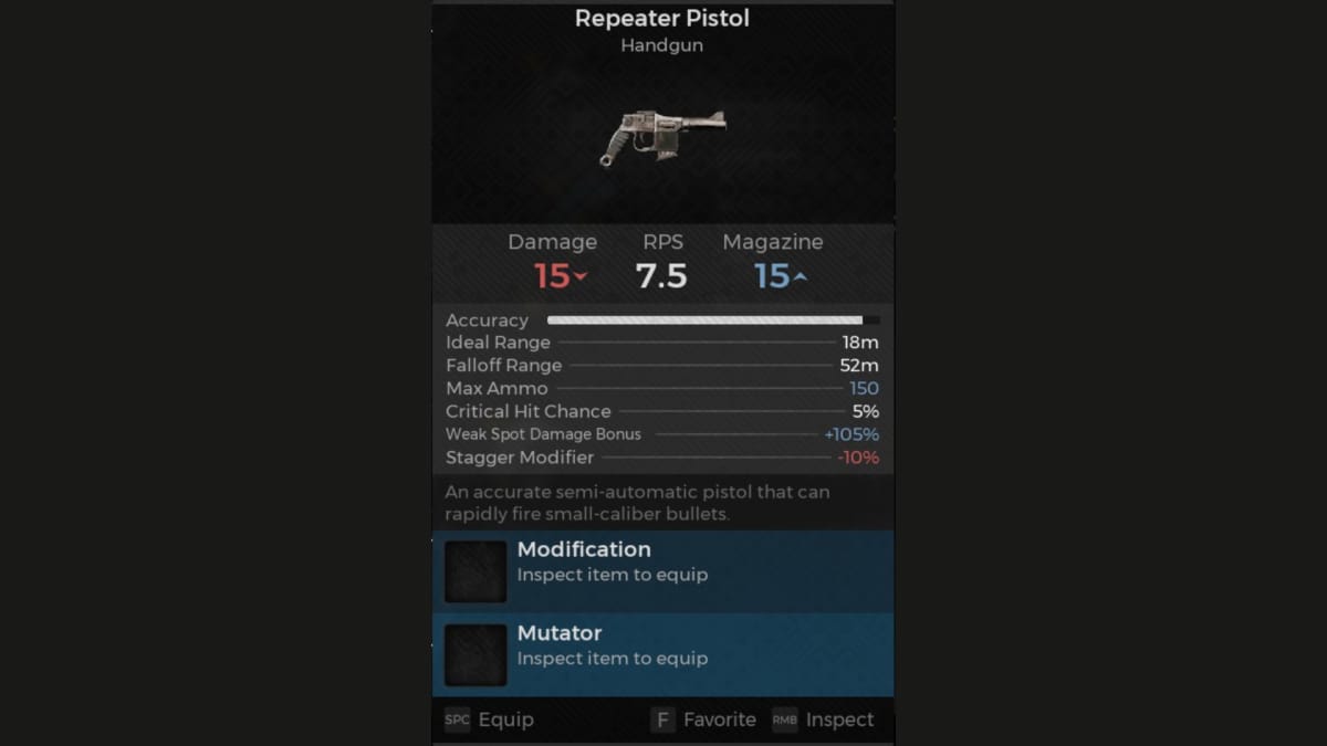 Repeater Pistol screenshot of weapon panel from Remnant 2