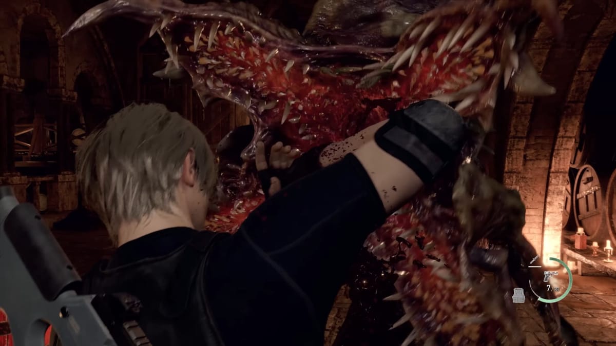 Lean stabs a los plagas parasite with his knife in Resident Evil 4 Remake