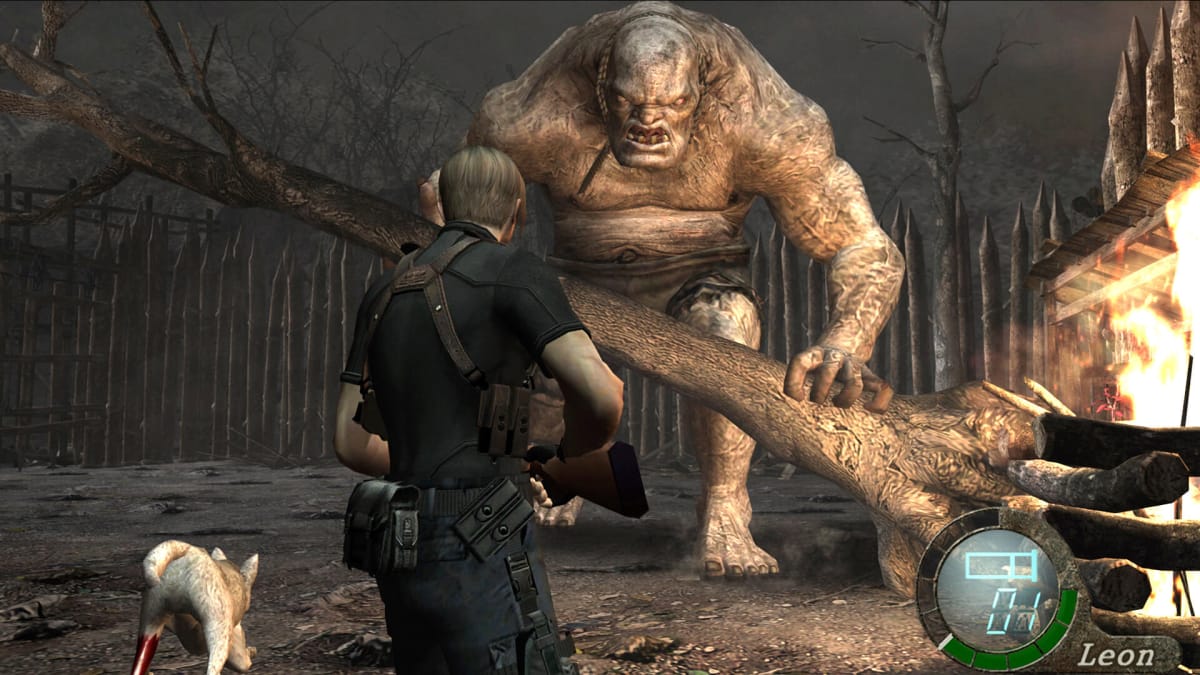 Leon facing off against El Gigante in Resident Evil 4, a game directed by Shinji Mikami