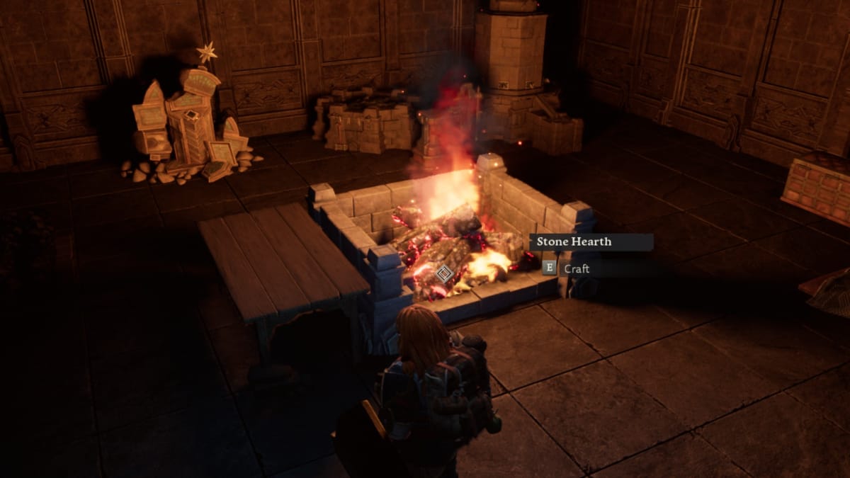 Return to Moria screenshot showing a dwarf standing by a stone hearth with a meal table attached to the side