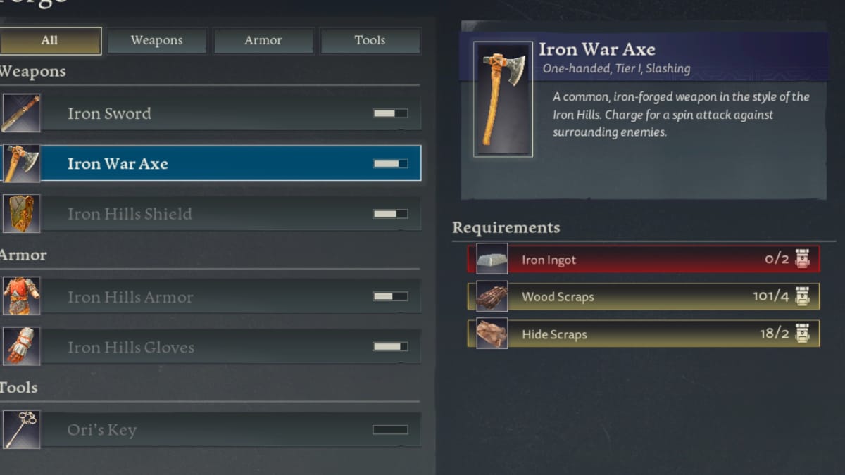 Return to Moria screenshot showing a menu filled with various weapons and how you make them