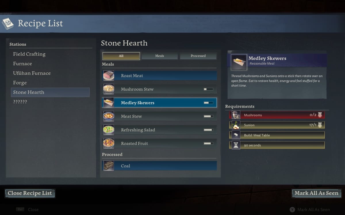 Return to Moria screenshot showing a recipe list featuring various different cooking recipes 