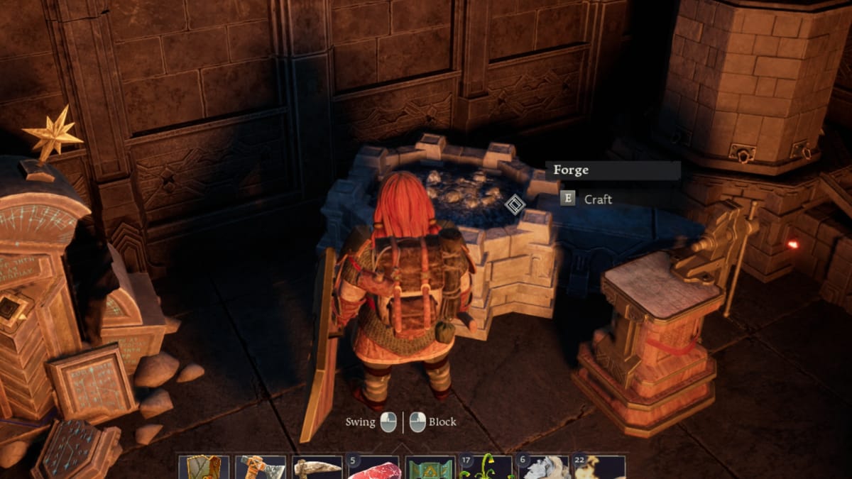 Return to Moria screenshot showing a red-haired dwarf standing in front of a forge