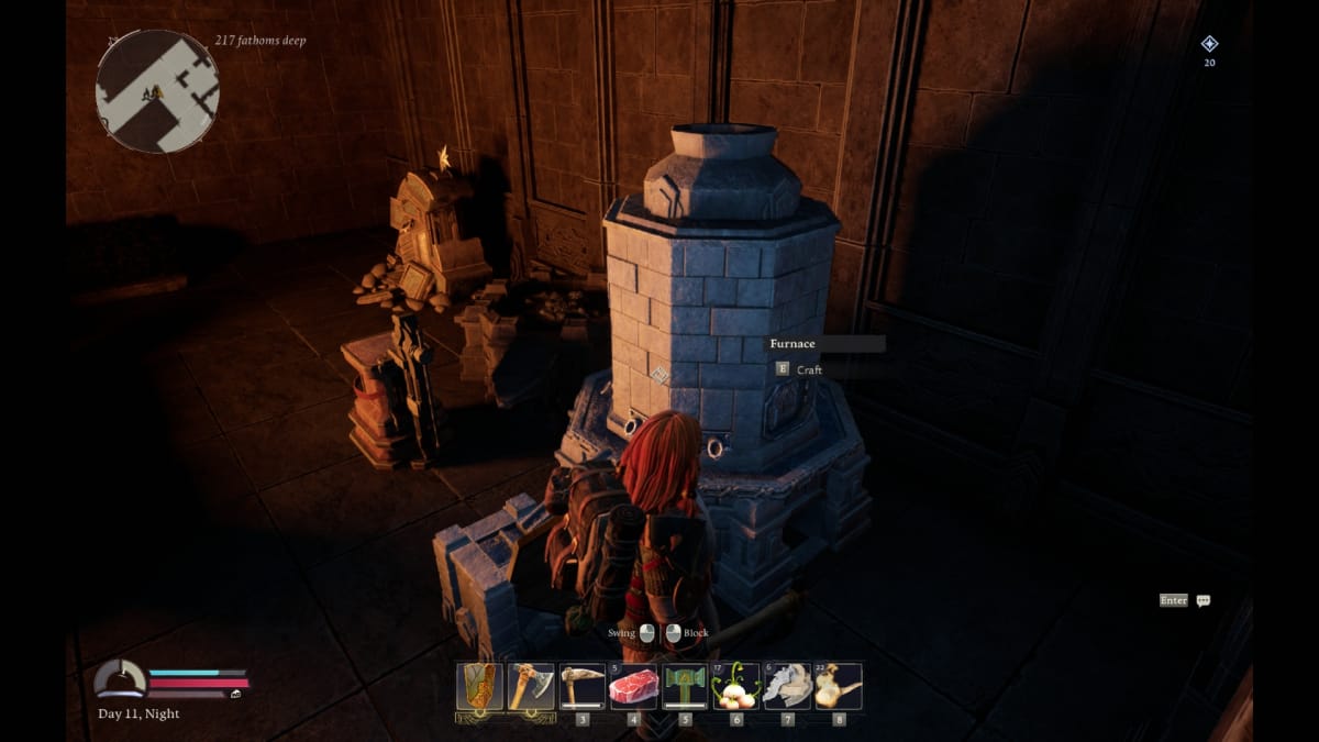 Return to Moria Screenshot showing a red-haired dwarf standing in front of a furnace