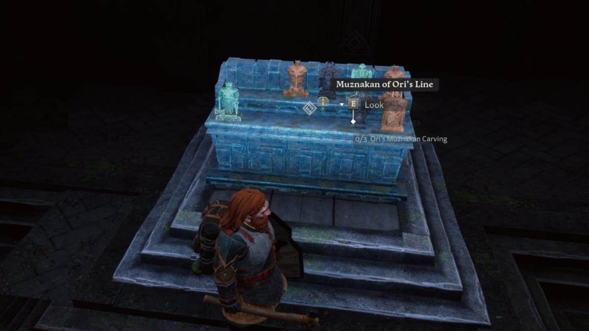 Return to Moria screenshot showing a red-haired dwarf standing next to a blue-stone altar covered in various dwarf statues