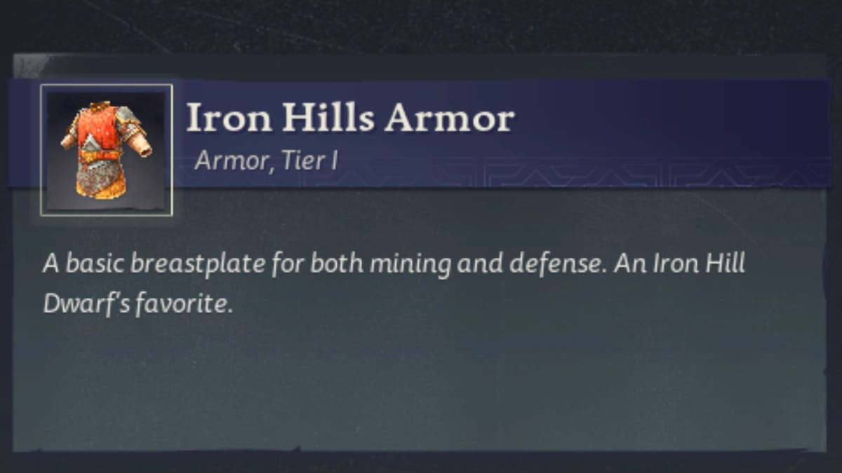 Return to Moria screenshot showing a set of Iron Hills Armor and a brief description of what it is for