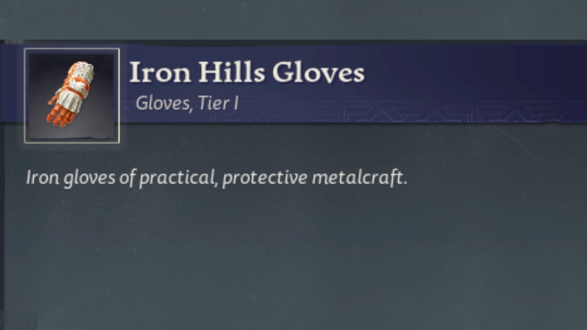 Return to Moria screenshot showing a set of iron hills gloves and a brief description of what they are used for. 