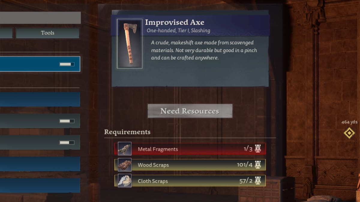 Return to Moria screenshot showing a weapon menu with an improvised axe visible 