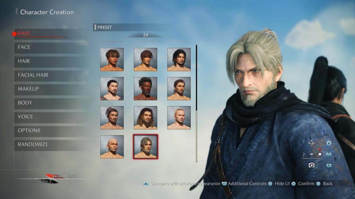 Character creation, showing a male character based on the protagonist of Nioh.