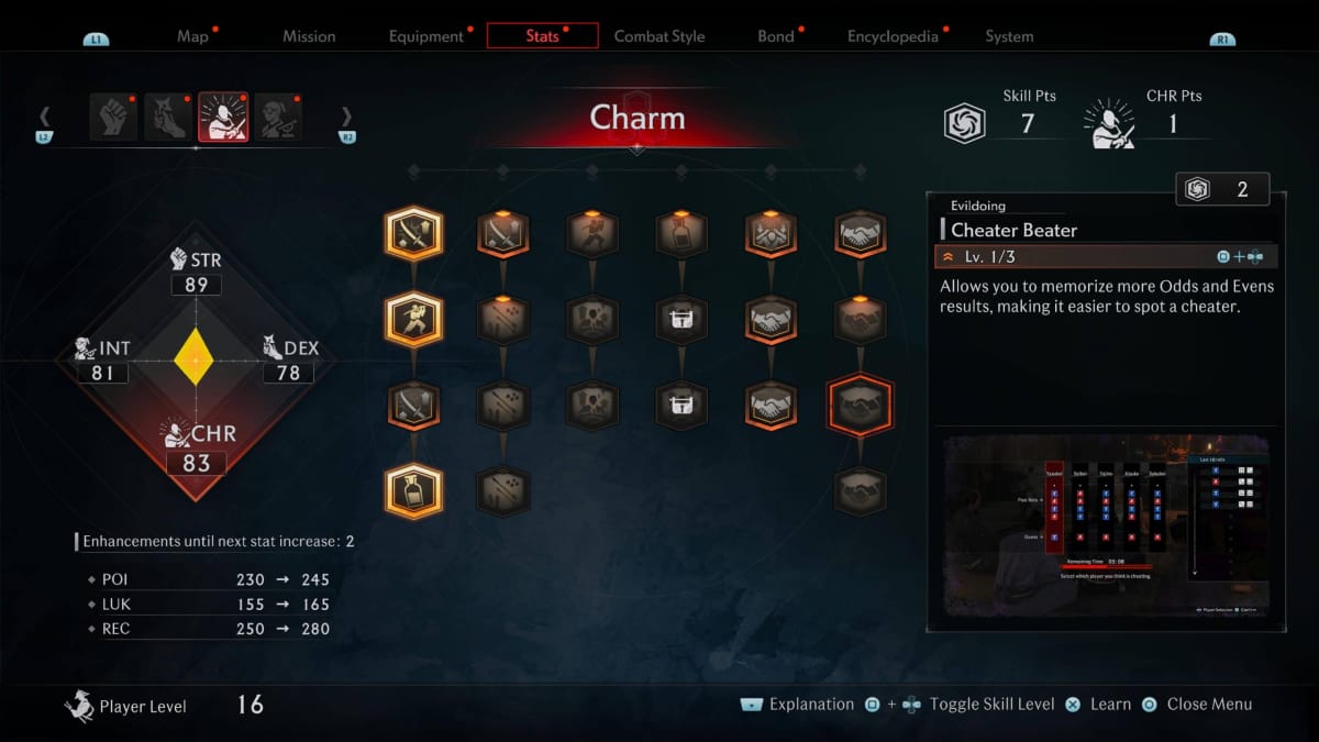 The charm section of the skill tree.