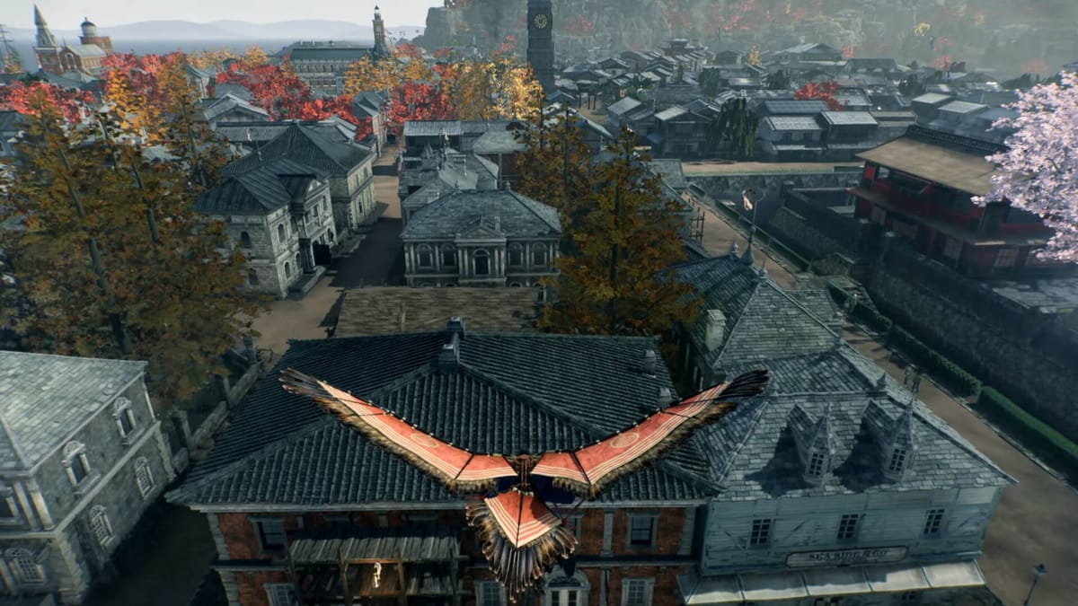 The player soaring over the city of Yokohama with their wingsuit in Rise of the Ronin
