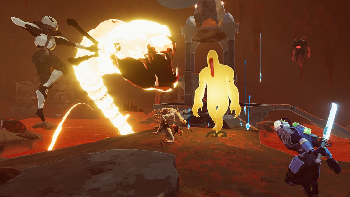 Players battling a giant blob monster and a massive snake in the Risk of Rain 2 DLC Seekers of the Storm