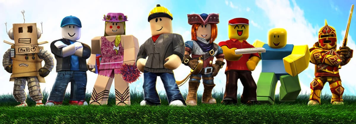 Several cartoony Roblox avatars standing in a line