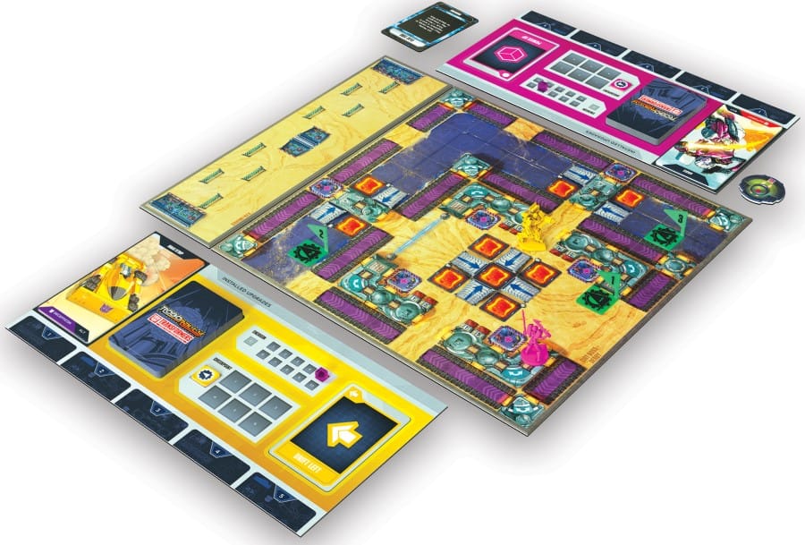 A screenshot of the board set up Robo Rally Transformers showing the game board, miniatures, and cards.