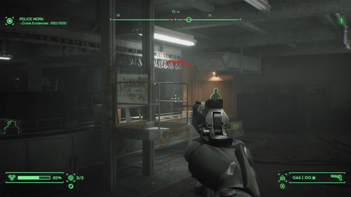 RoboCop: Rogue City Review image depicting RoboCop stalking his enemies in a slaughterhouse