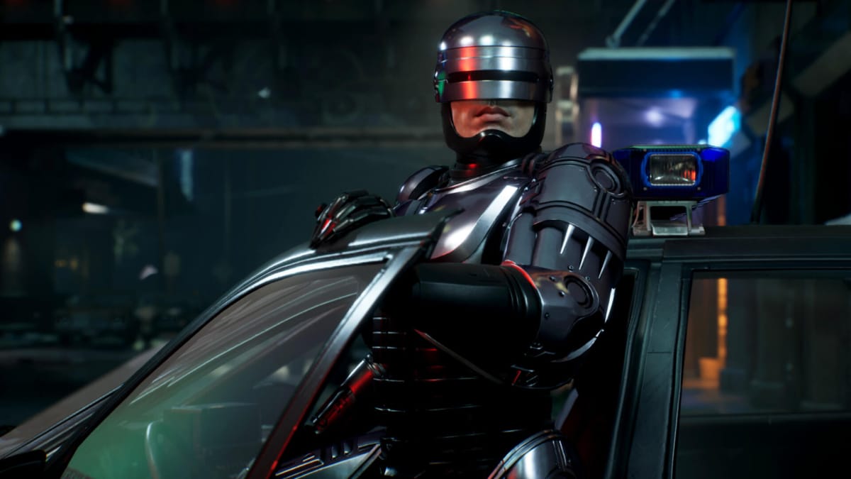 Robocop standing in the doorway of a vehicle in Robocop: Rogue City, the UK boxed sales charts' number four game