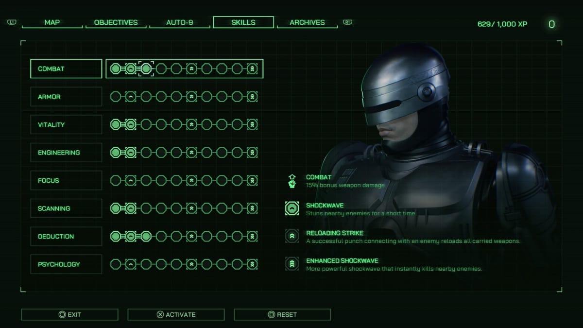 An image from our Robocop: Rogue City Review depicting the character upgrade screen.