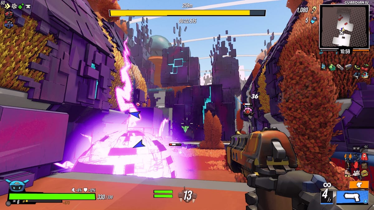An in-game screenshot of Roboquest, showcasing the player-character facing off against explosive robots inside the level "Doom Station".