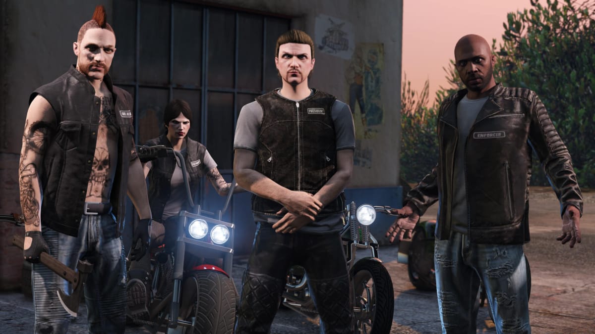 A gang of bikers standing in a row in Grand Theft Auto Online, an image standing in for Grand Theft Auto 6