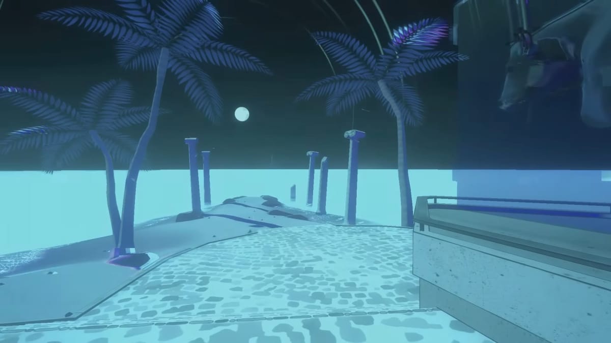 The camera pans over the beach at night time in Roman Sands RE:Build