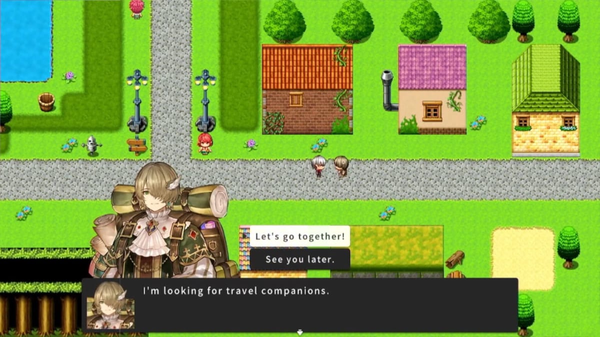 A character asking for travel companions in an idyllic-looking town in RPG Maker WITH