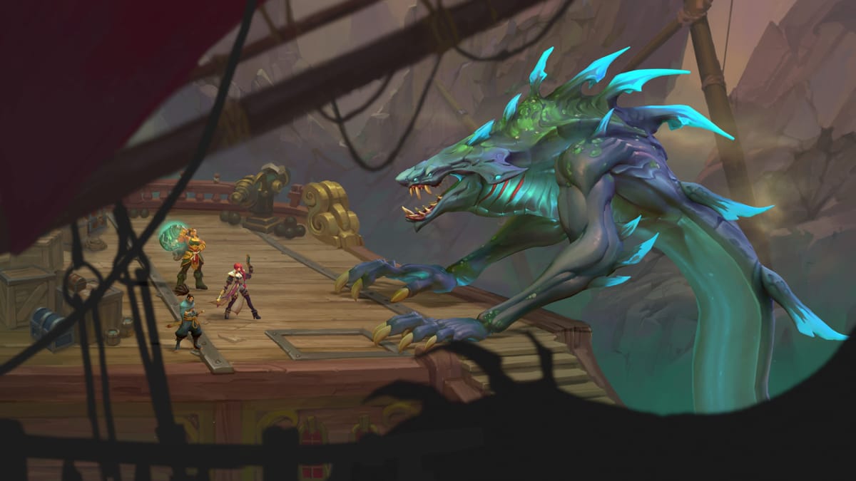 Yasuo, Illaoi, and Miss Fortune fighting against a monster in Ruined King: A League of Legends Story