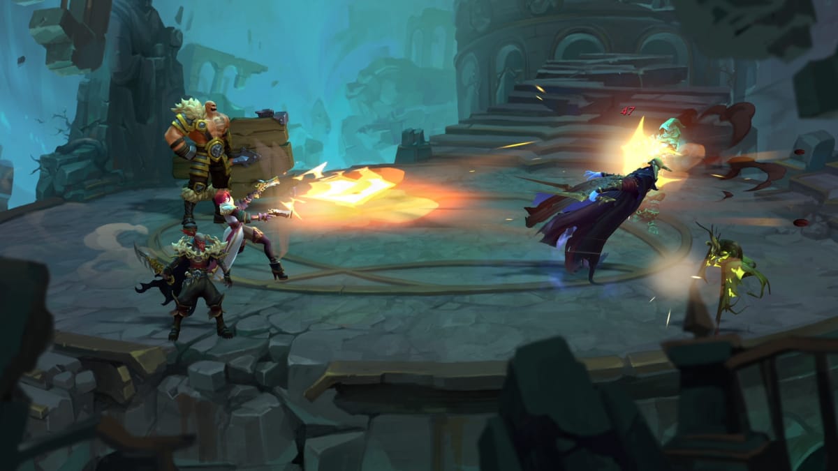 Braum, Miss Fortune, and Pyke battle an enemy in Ruined King: A League of Legends Story.