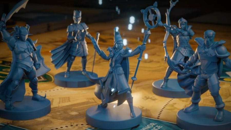 A screenshot of several hero miniatures from the Runescape Kingdoms Shadow of Elvarg board game.