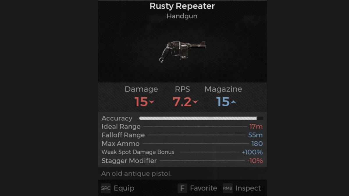 Rusty Repeater screenshot of weapon panel from Remnant 2