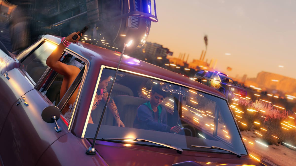 A gang member shooting out of a window while another drives in a chaotic chase in Saints Row, a game of which the canceled TimeSplitters title is also arguably reminiscent