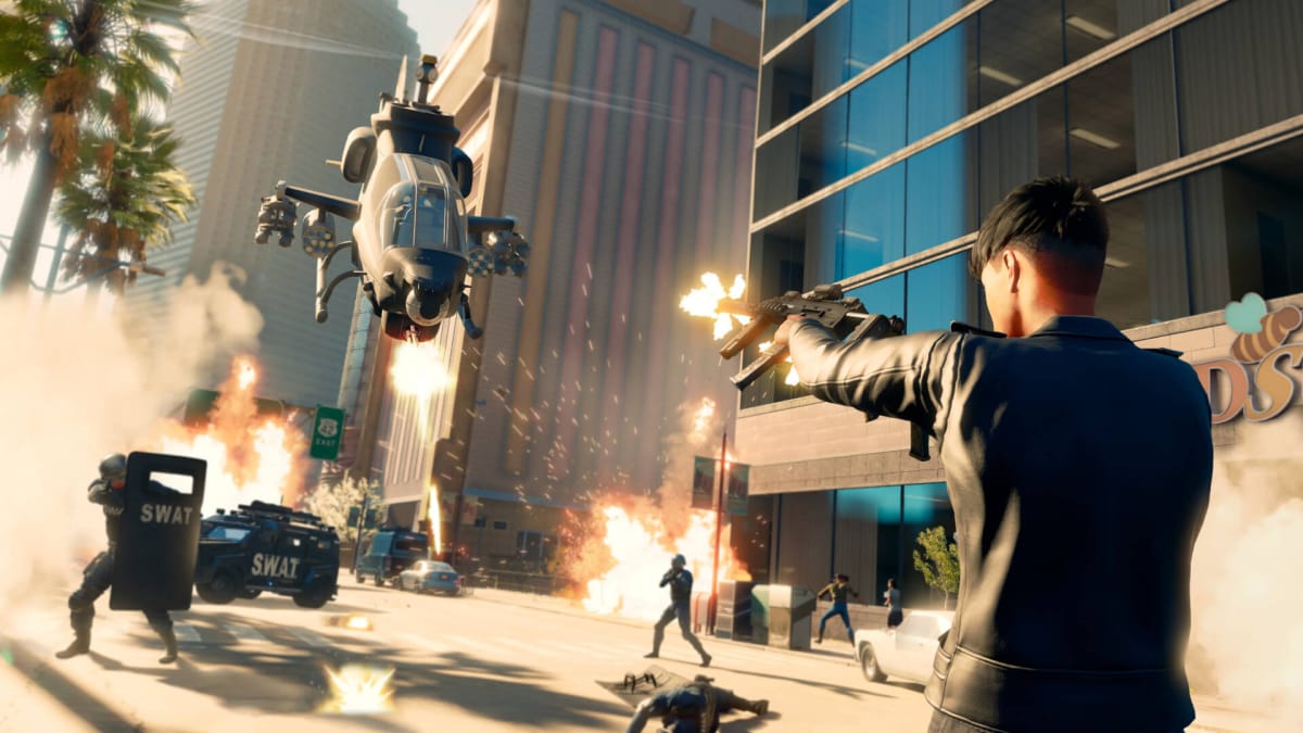 The player shooting at a helicopter while SWAT team members try to fight back in Saints Row, an Embracer Group game made by Volition