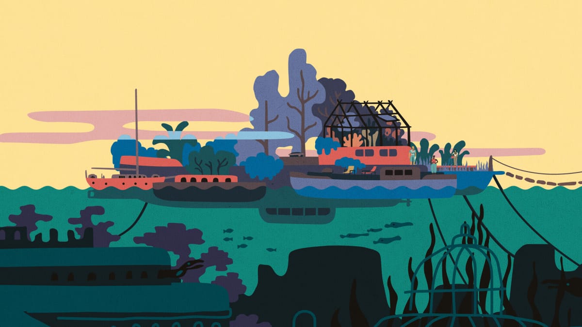 Boats sailing in a flooded world, all depicted with a stylized art style in Die Gute Fabrik's new game Saltsea Chronicles