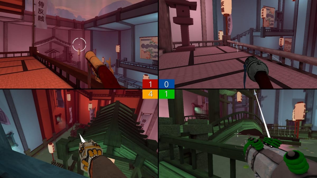 Four players engaging in multiplayer shooting action in a Japanese-inspired map in Screencheat, a Samurai Punk game