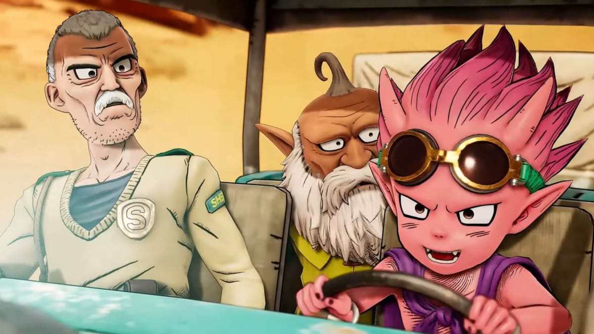 Beelzebub, Thief, and Rao driving a car in Sand Land