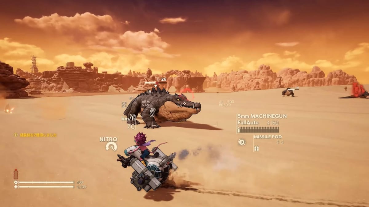 Beelzebub riding the Uniride and firing at an alligator enemy in Sand Land