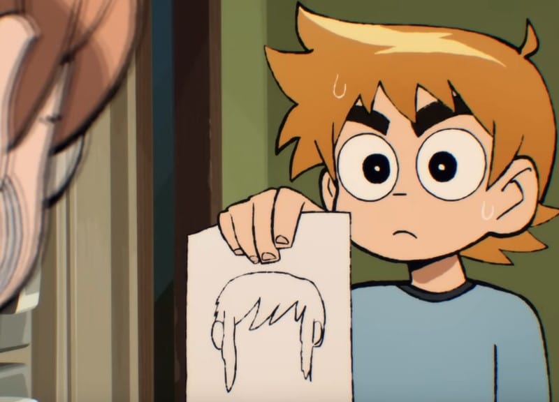 A screenshot of Scott Pilgrim holding up a sketch of Ramona from the trailer for Scott Pilgrim Takes Off