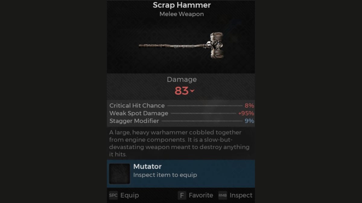 Scrap Hammer screenshot of weapon panel from Remnant 2