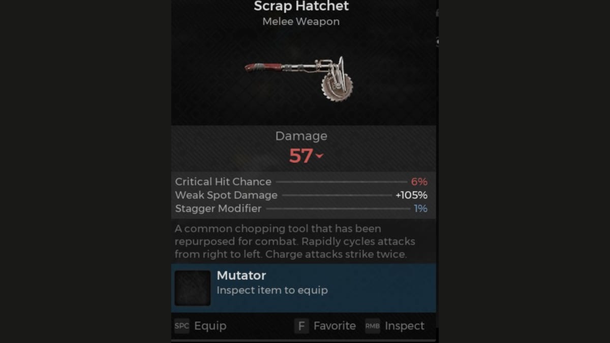 Scrap Hatchet screenshot of weapon panel from Remnant 2