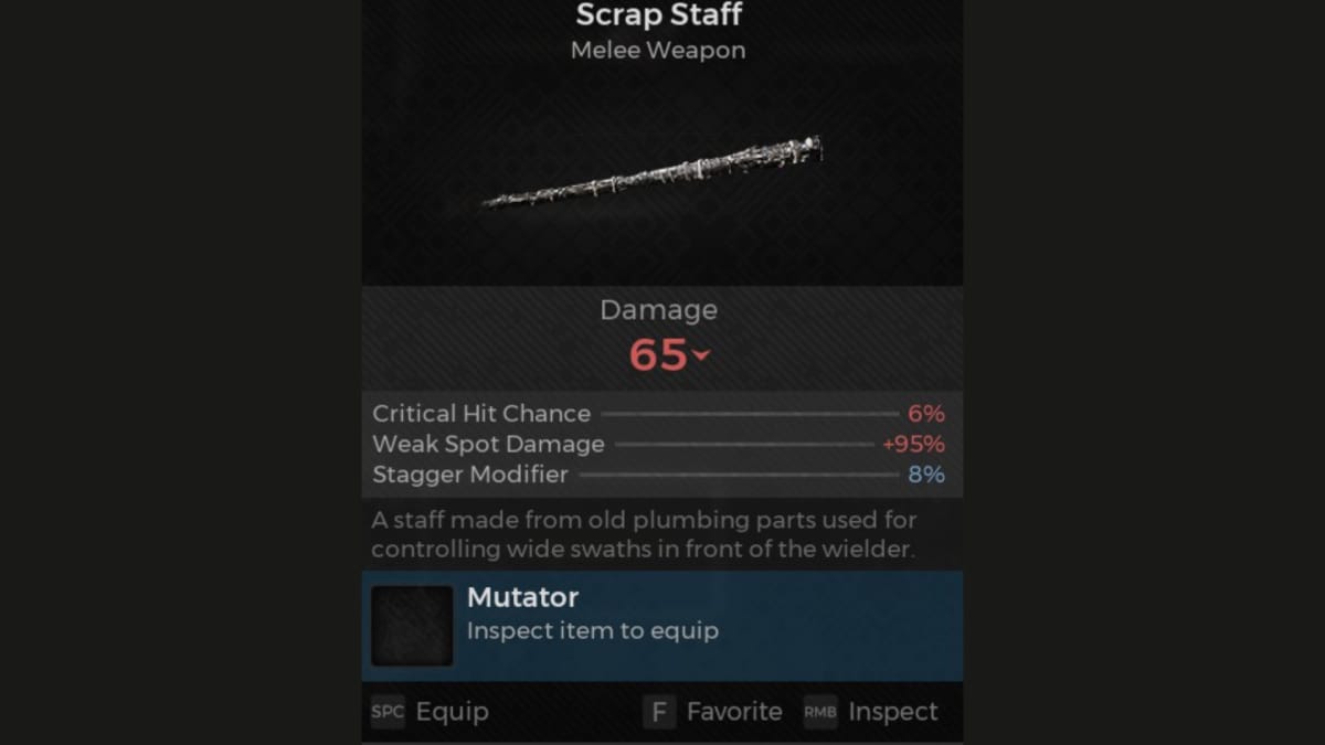 Scrap Staff screenshot of weapon panel from Remnant 2