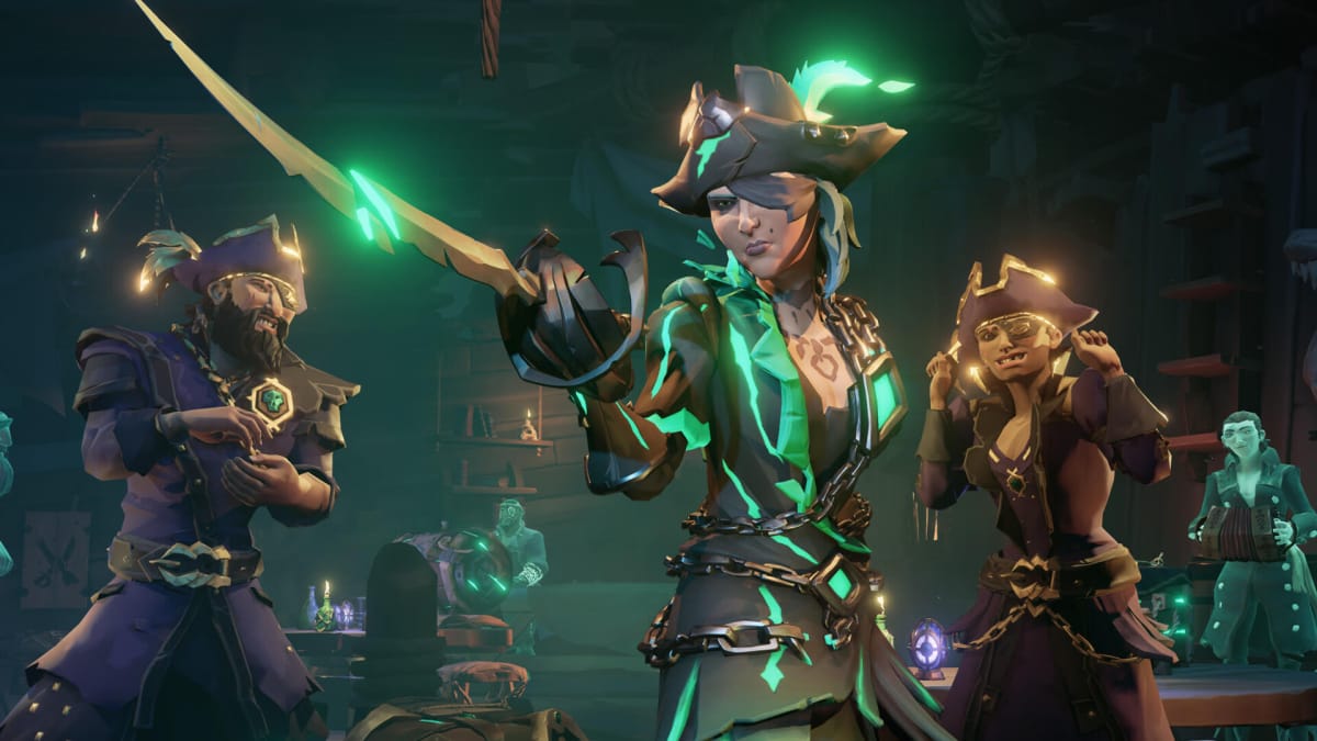 A pirate brandishing a cutlass while two others look on and grin in Rare's Sea of Thieves, which uses Simplygon