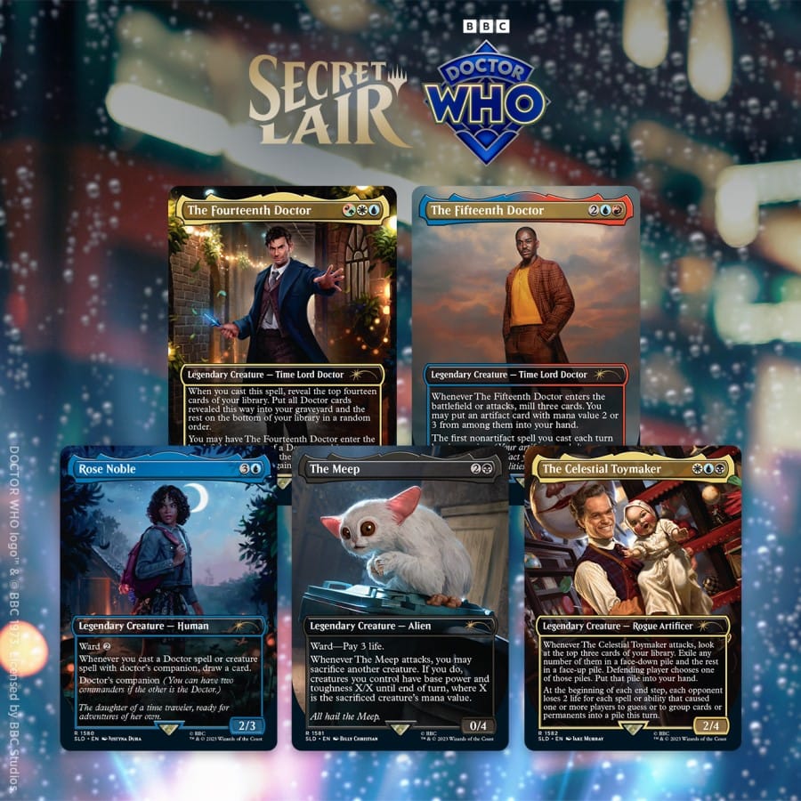 Artwork of the five cards in the Secret Lair x Doctor Who: Regeneration drop.