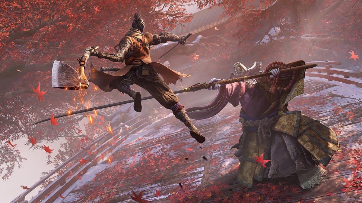 Wolf leaping over the Corrupted Monk's strike on a leaf-strewn bridge in Sekiro: Shadows Die Twice