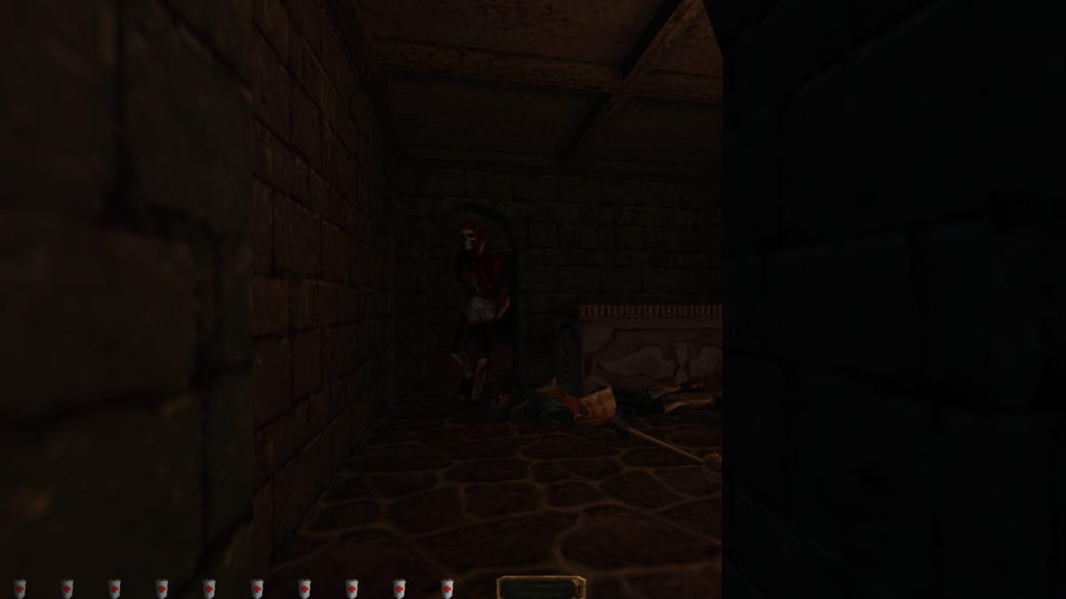 A enemy can be seen in a dark crypt