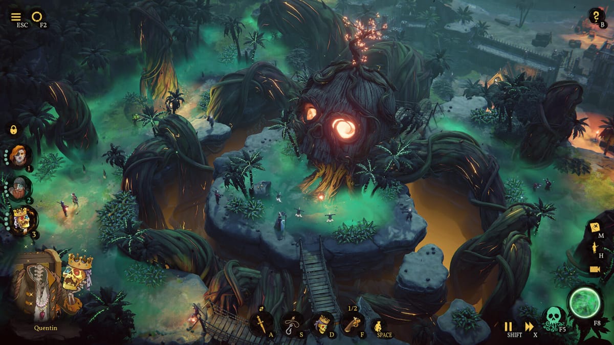 A misty scene with a giant wooden skull surrounded by gnarled roots in Shadow Gambit: The Cursed Crew